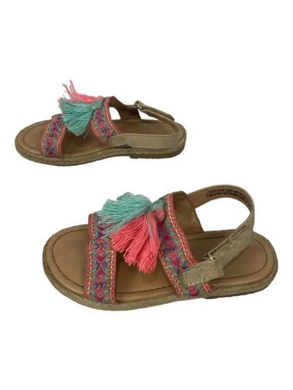 Girls Size 9 Multicolor Tassel Sandals Textile Upper Pink & Teal Straps Buckle
